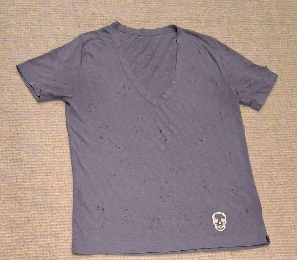 Zadig and voltaire womens small skull allover ripped tshirt gray shortsleeve